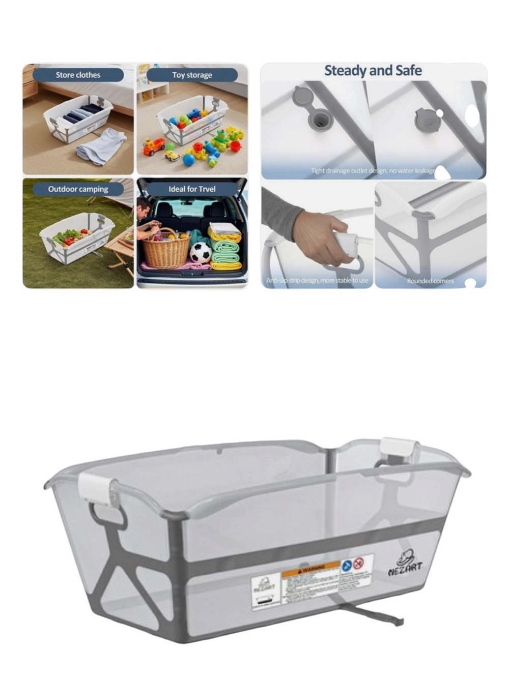 NEW Portable Bathtub Baby Toddler Foldable Travel Lightweight Non-Slip - Picture 3 of 9